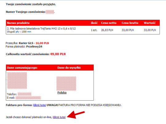 Instrukcja zapłaty za piły taśmowe etap 3